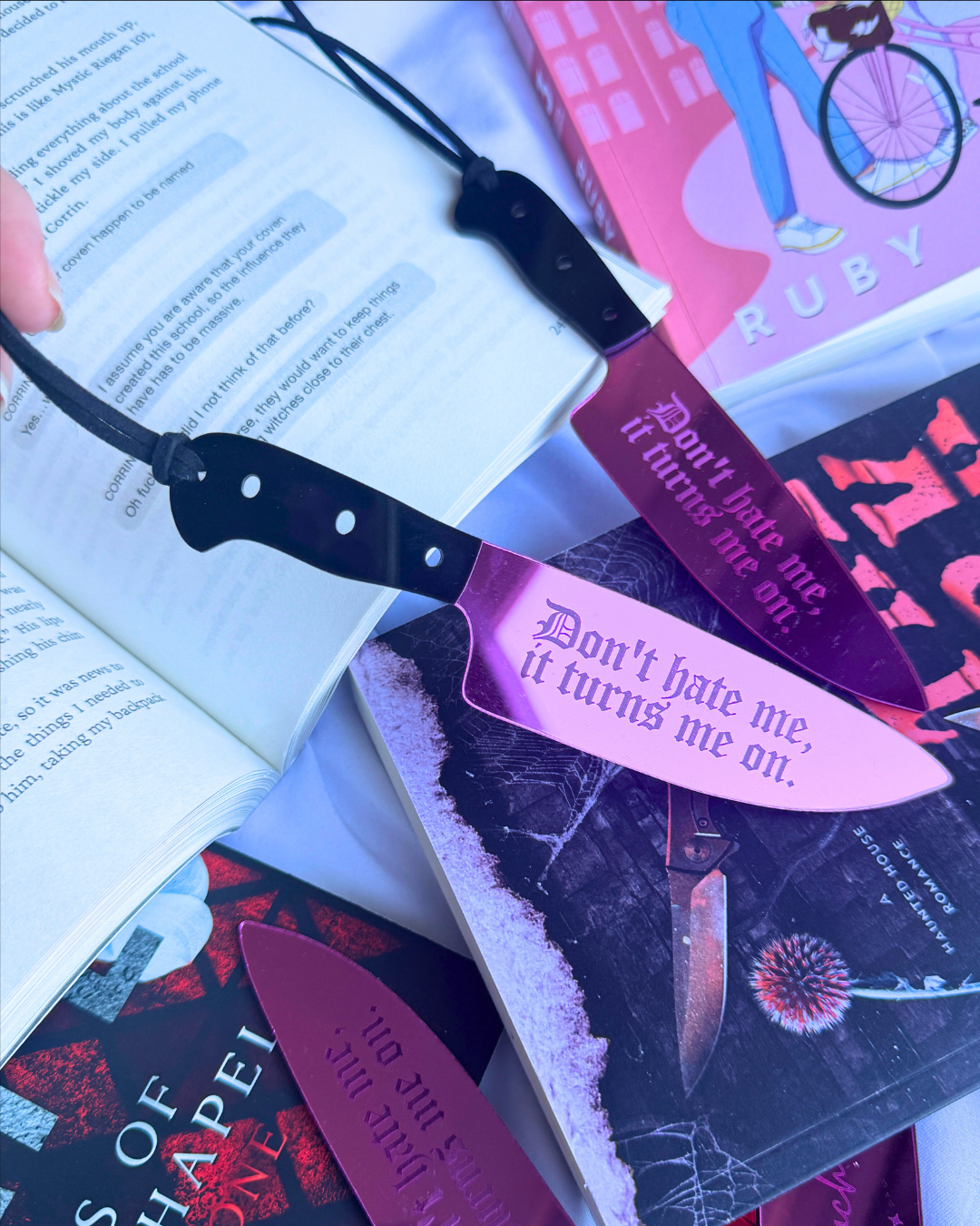 Don't Hate Me, Turns Me On - Mirrored Knife Bookmark: Pink