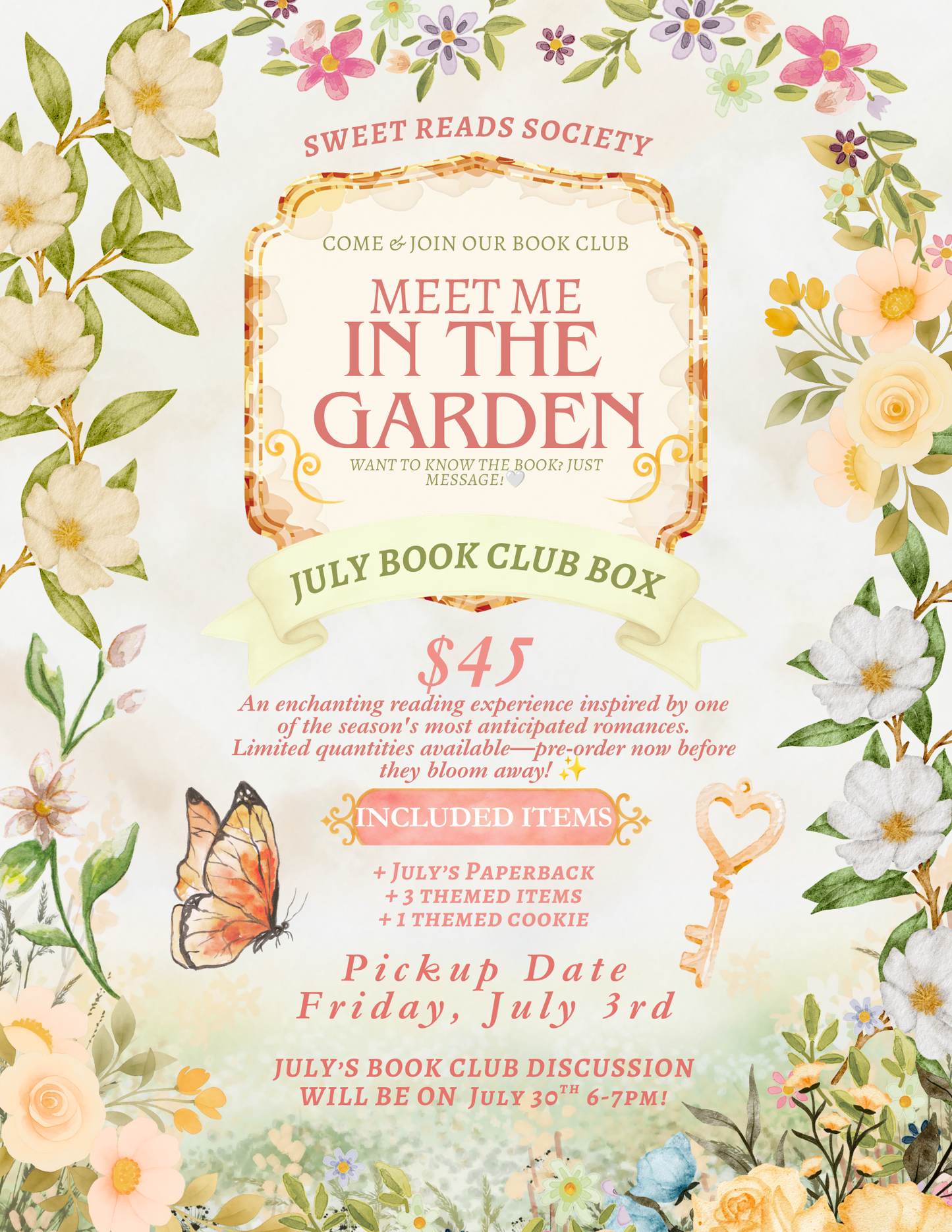 🦋✨ JULY BOOK CLUB BOX: MEET ME IN THE GARDEN ✨🦋 PICKUP JULY 3RD!