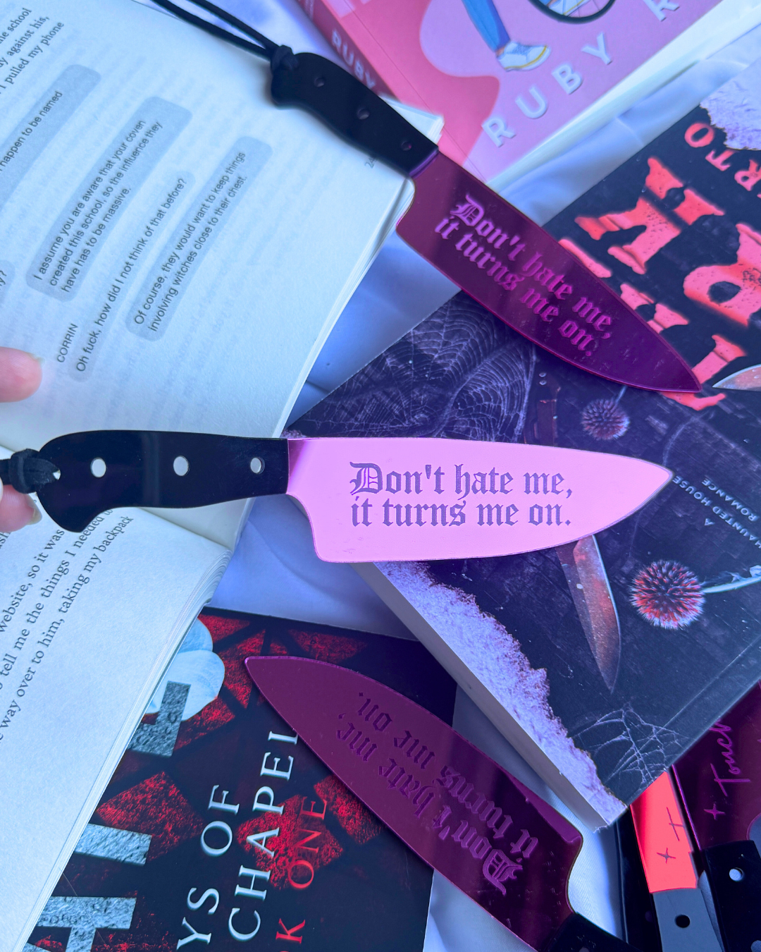 Don't Hate Me, Turns Me On - Mirrored Knife Bookmark: Pink